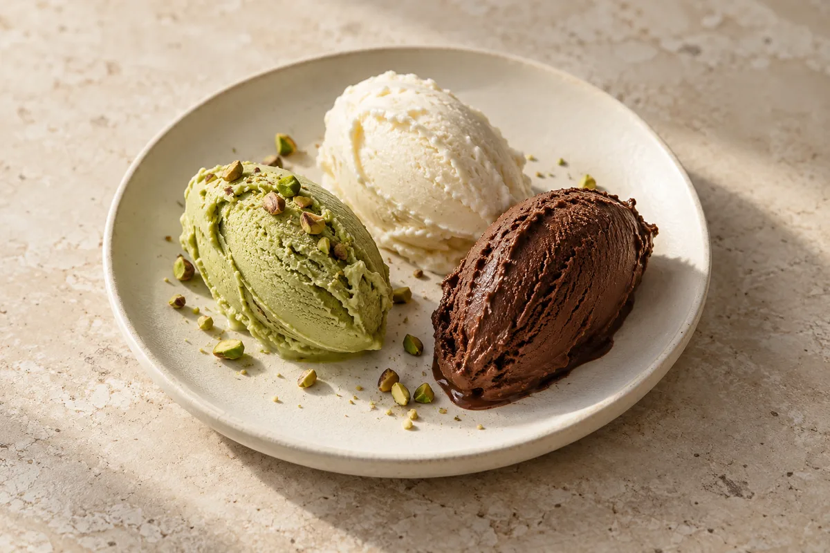 Quenelles de gelato de pistache, creme e chocolate sobre um prato de cerâmica clara